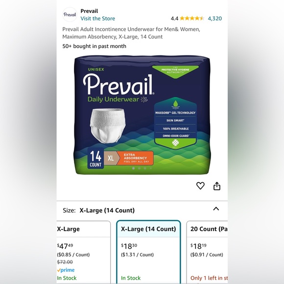 Prevail Adult Incontinence Underwear for Men& Women, Maximum Absorbency, X-Large - Picture 5 of 7